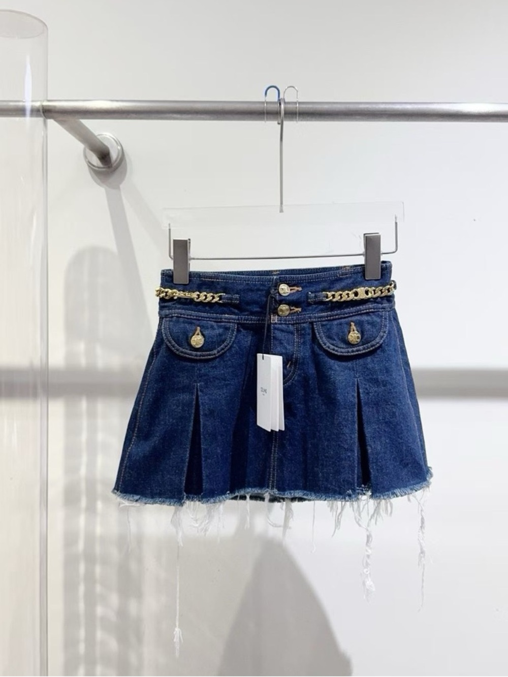 🚩steal Celine Dark Blue Denim Mini Skirt with Gold Chain
